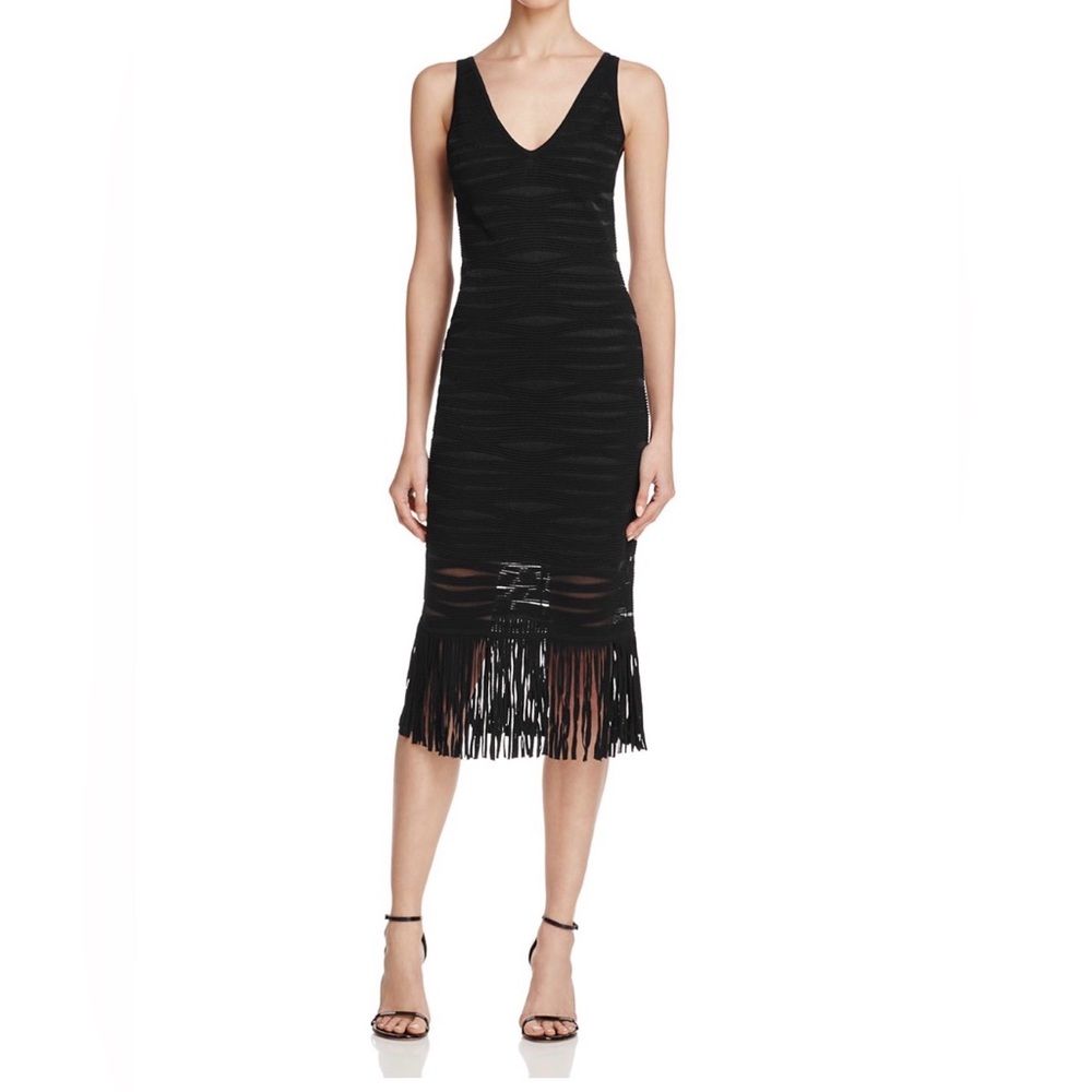 Parker Mae Black Sleeveless Fringe-Hem Midi Dress - Size M